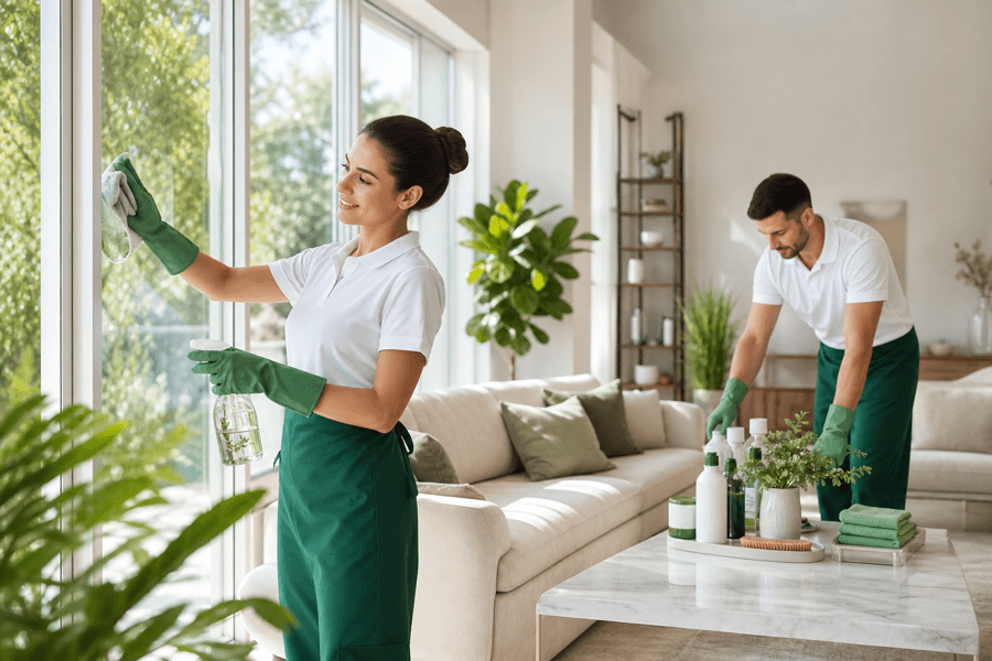 Professional eco-friendly cleaning team in a bright interior